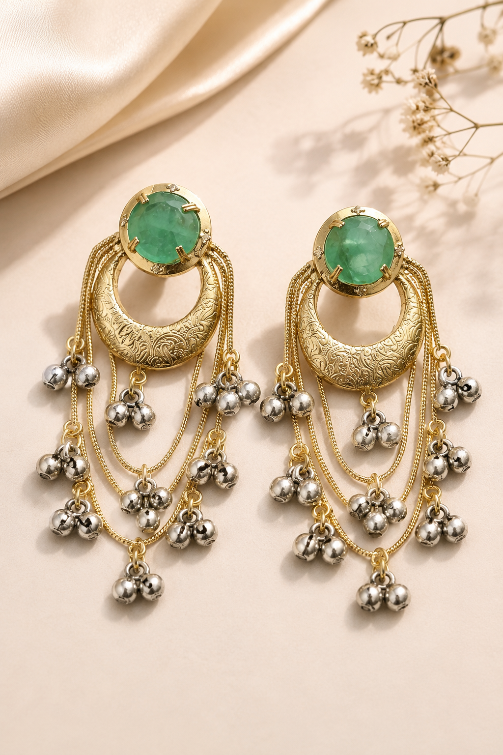 Traditional Mint Green Chandbali Earrings With Layered Silver Ghungroo Chains