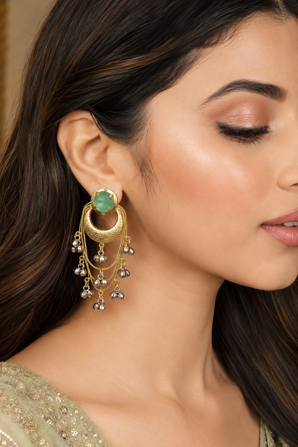 Traditional Mint Green Chandbali Earrings With Layered Silver Ghungroo Chains