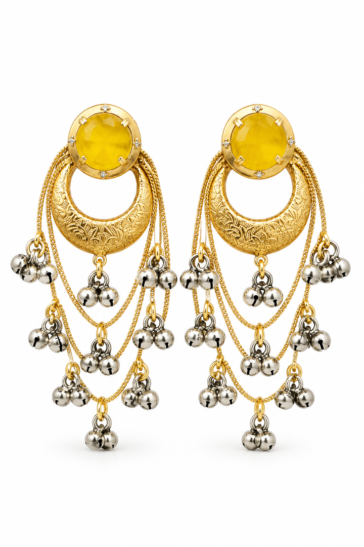 Traditional Yellow Chandbali Earrings with Layered Ghungroo Chains