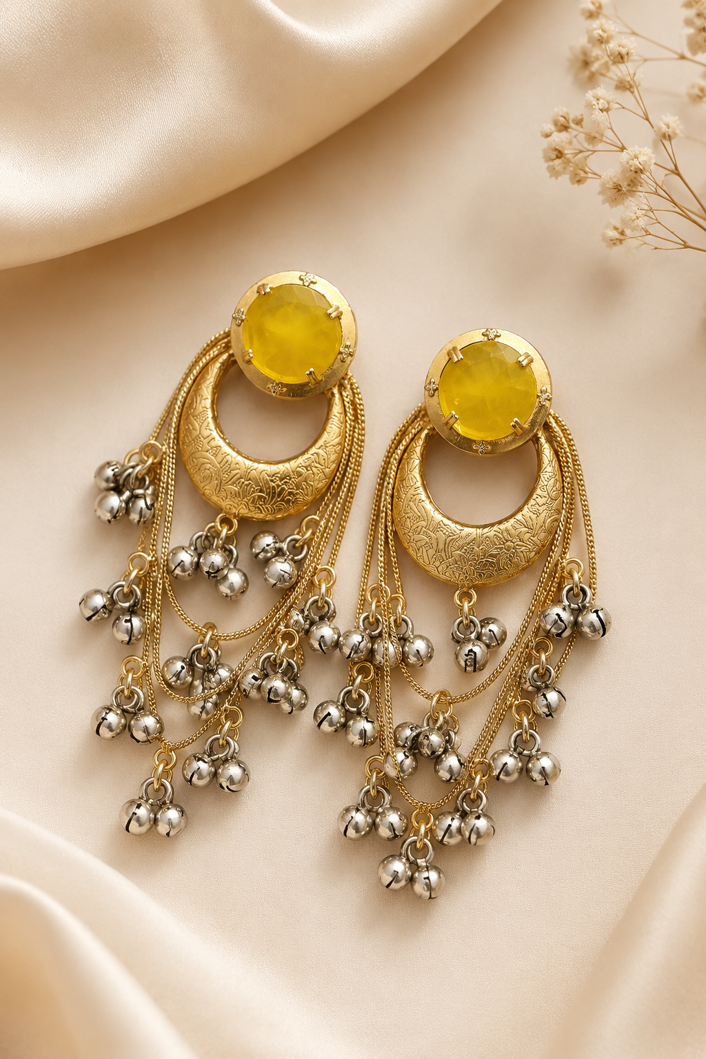 Traditional Yellow Chandbali Earrings with Layered Ghungroo Chains