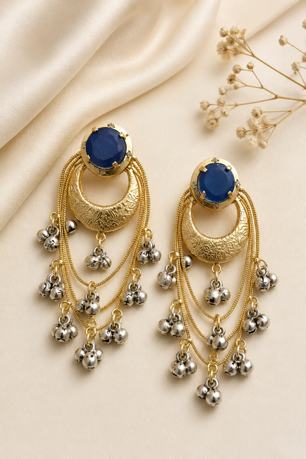 Traditional Blue Chandbali Gold Earrings With Layered Ghungroo Chains