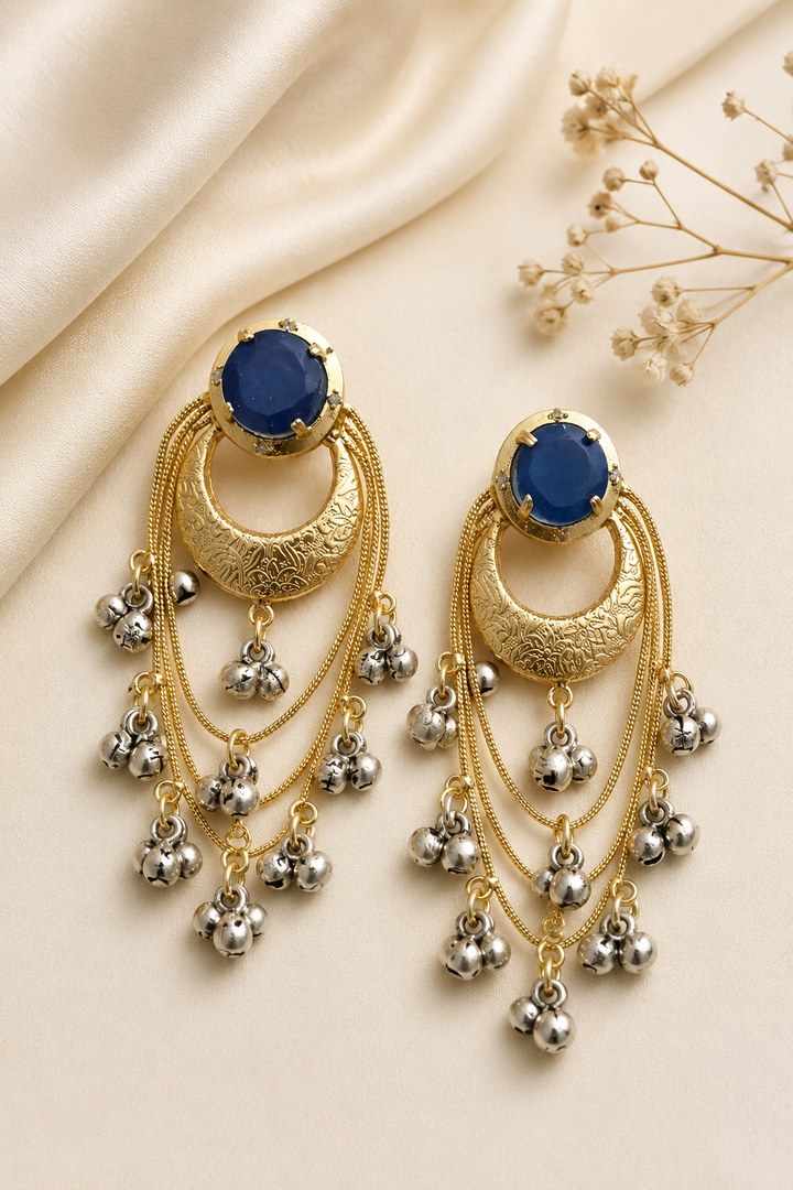 Traditional Blue Chandbali Gold Earrings With Layered Ghungroo Chains