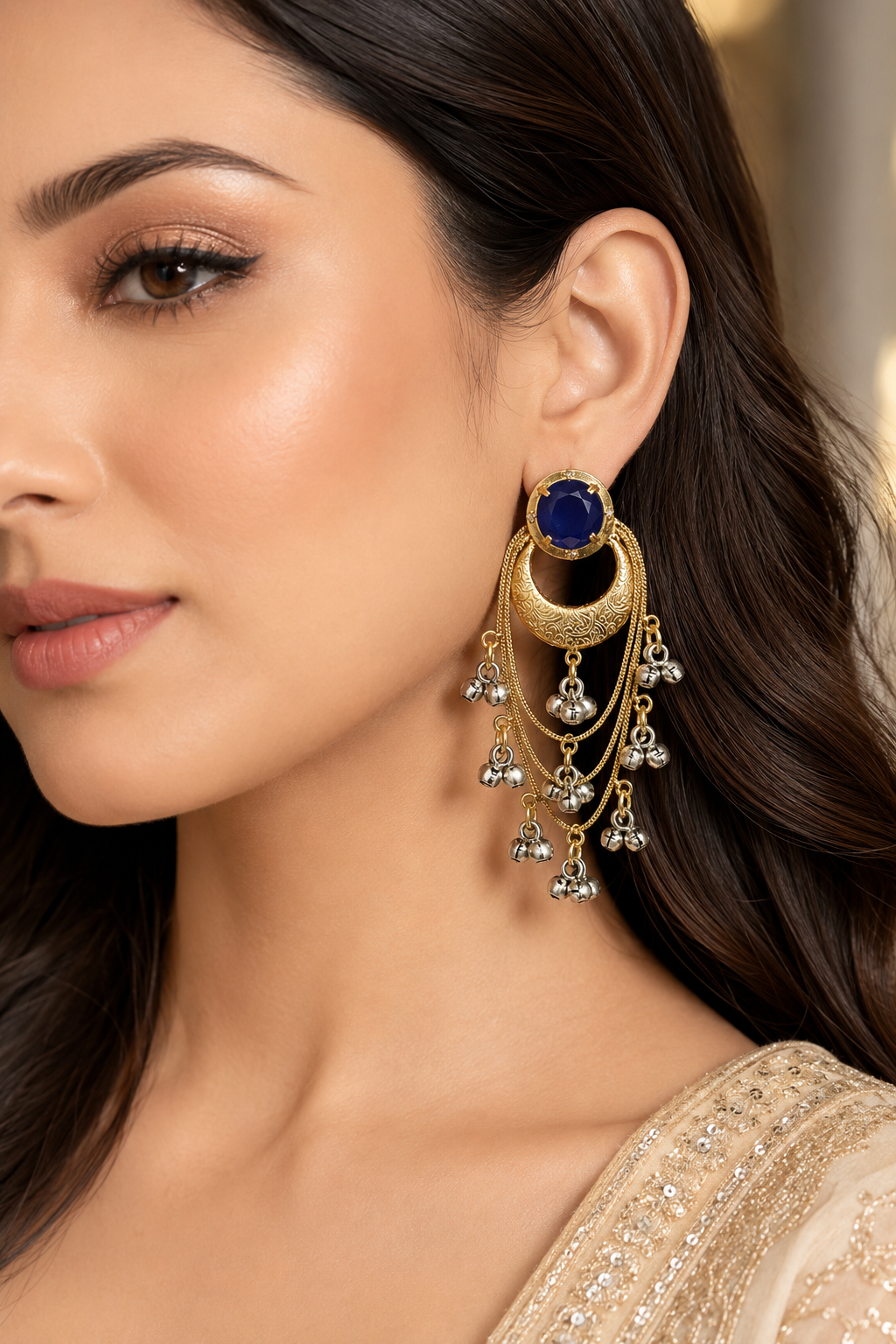 Traditional Blue Chandbali Gold Earrings With Layered Ghungroo Chains