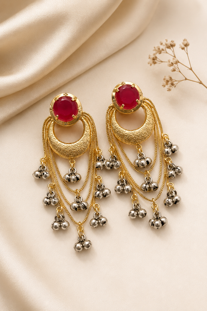 Traditional Royal Ruby Red Chandbali Earrings With Layered Ghungroo Chains