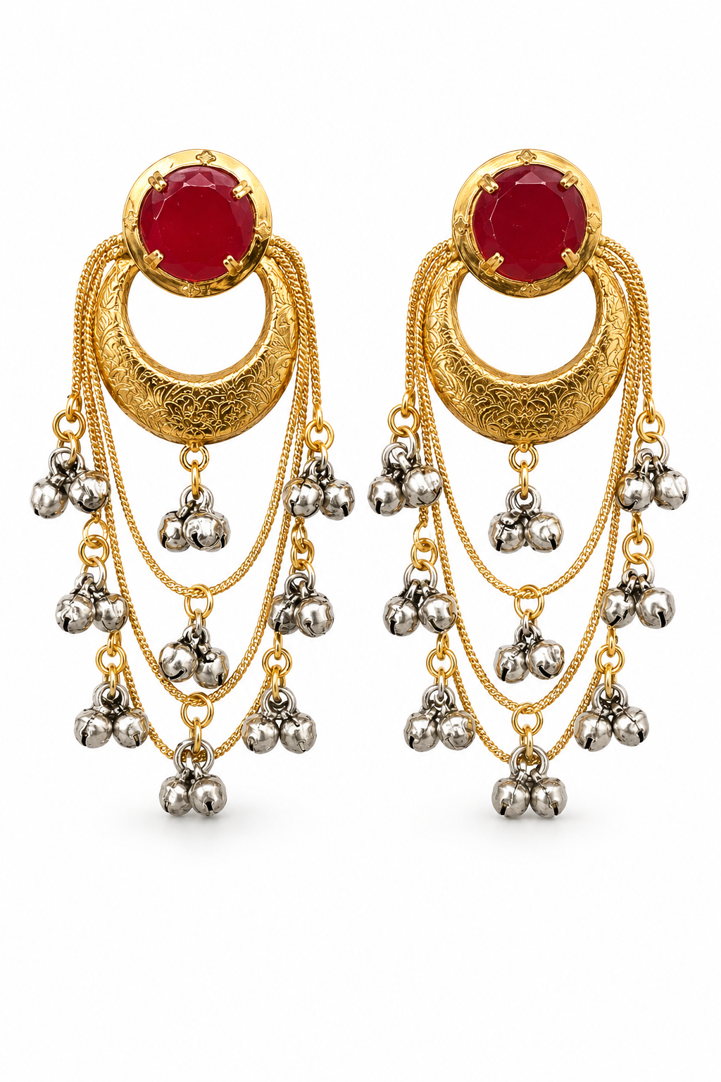 Traditional Royal Ruby Red Chandbali Earrings With Layered Ghungroo Chains