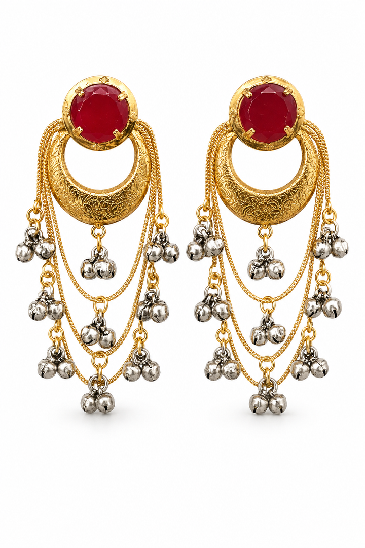 Traditional Royal Ruby Red Chandbali Earrings With Layered Ghungroo Chains