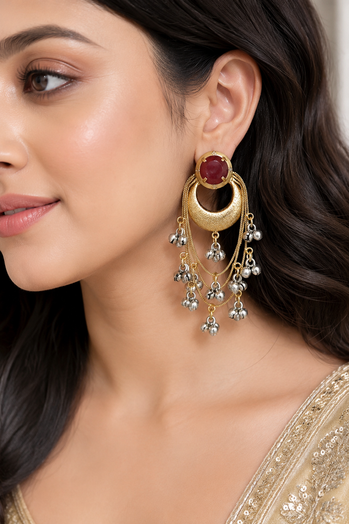 Traditional Royal Ruby Red Chandbali Earrings With Layered Ghungroo Chains