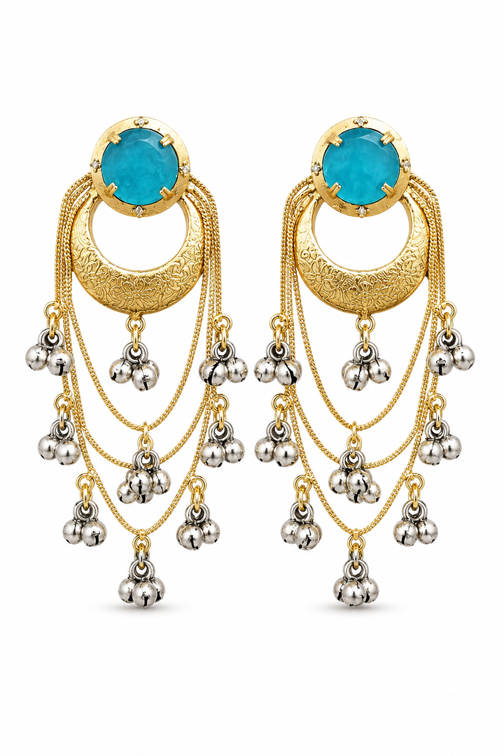 Traditional Turquoise Gold Chandbali Earrings with Layered Silver Ghungroo Chains