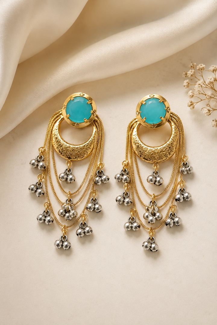 Traditional Turquoise Gold Chandbali Earrings with Layered Silver Ghungroo Chains