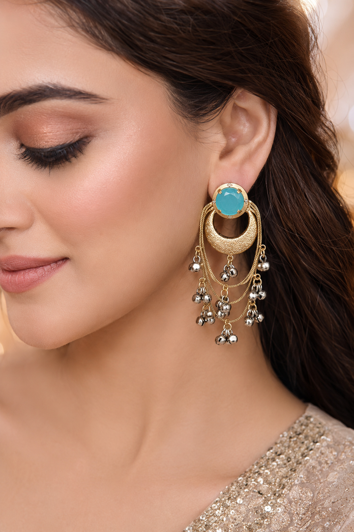Traditional Turquoise Gold Chandbali Earrings with Layered Silver Ghungroo Chains