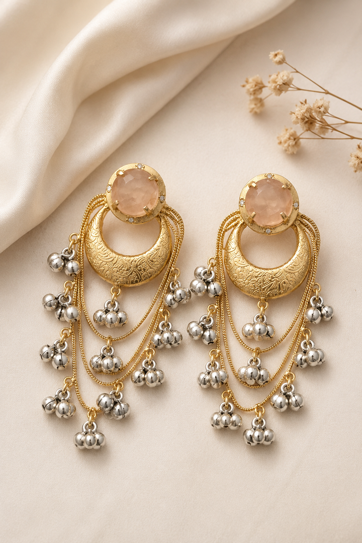 Elegant Cream White Chandbali Earrings with Layered Ghungroo Chains