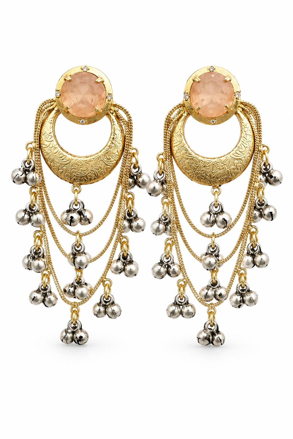 Elegant Cream White Chandbali Earrings with Layered Ghungroo Chains