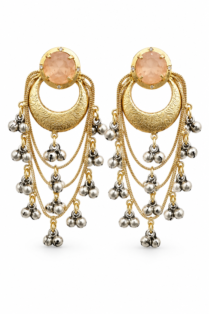 Elegant Cream White Chandbali Earrings with Layered Ghungroo Chains