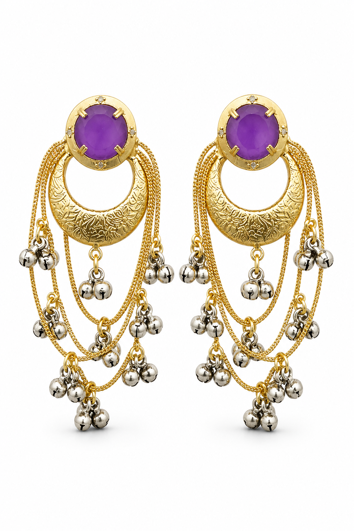 Traditional Purple Chandbali Earrings With Festive Layered Ghungroo Chains