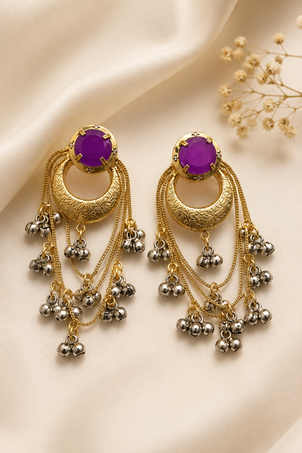 Traditional Purple Chandbali Earrings With Festive Layered Ghungroo Chains