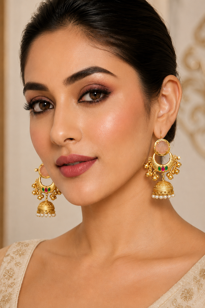 Elegant Peach Chandbali Jhumka Earrings with Pearls and Ghungroo Drops