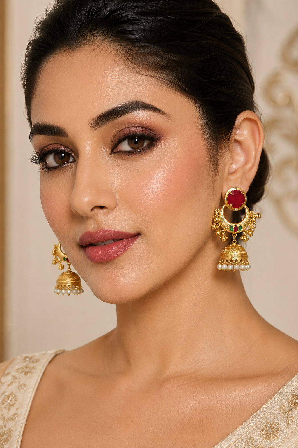 Traditional Ruby Red Chandbali Jhumka Earrings With Delicate Pearl Drops
