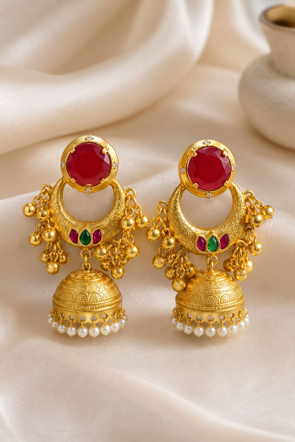 Traditional Ruby Red Chandbali Jhumka Earrings With Delicate Pearl Drops