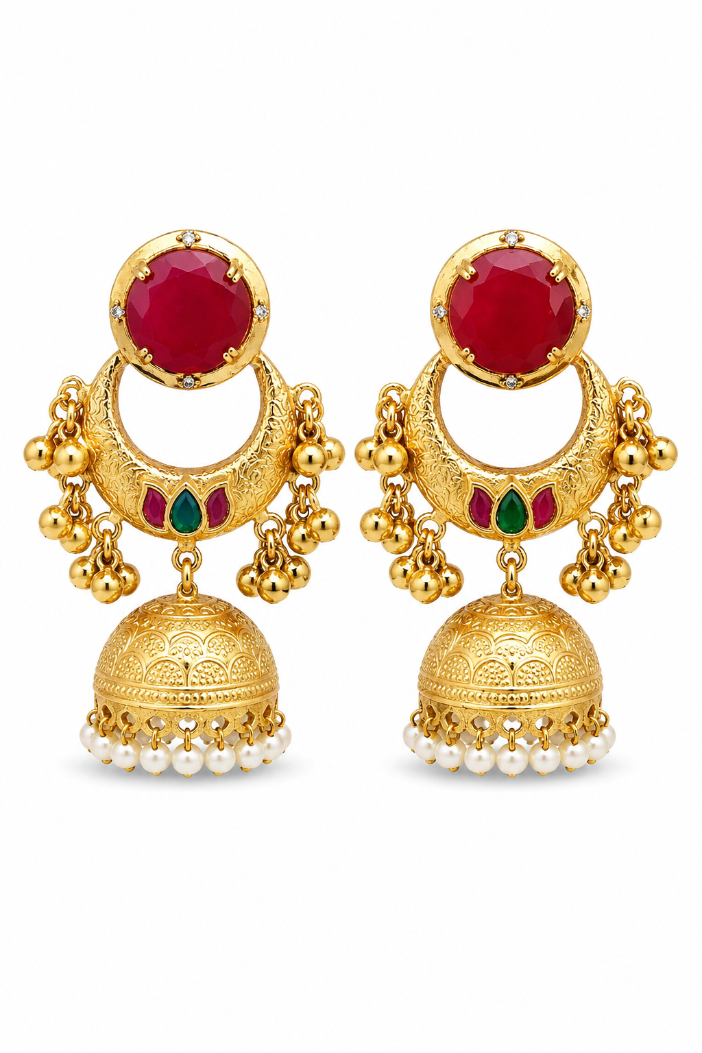 Traditional Ruby Red Chandbali Jhumka Earrings With Delicate Pearl Drops