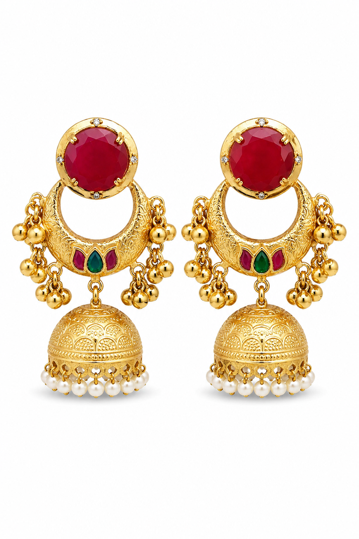 Traditional Ruby Red Chandbali Jhumka Earrings With Delicate Pearl Drops