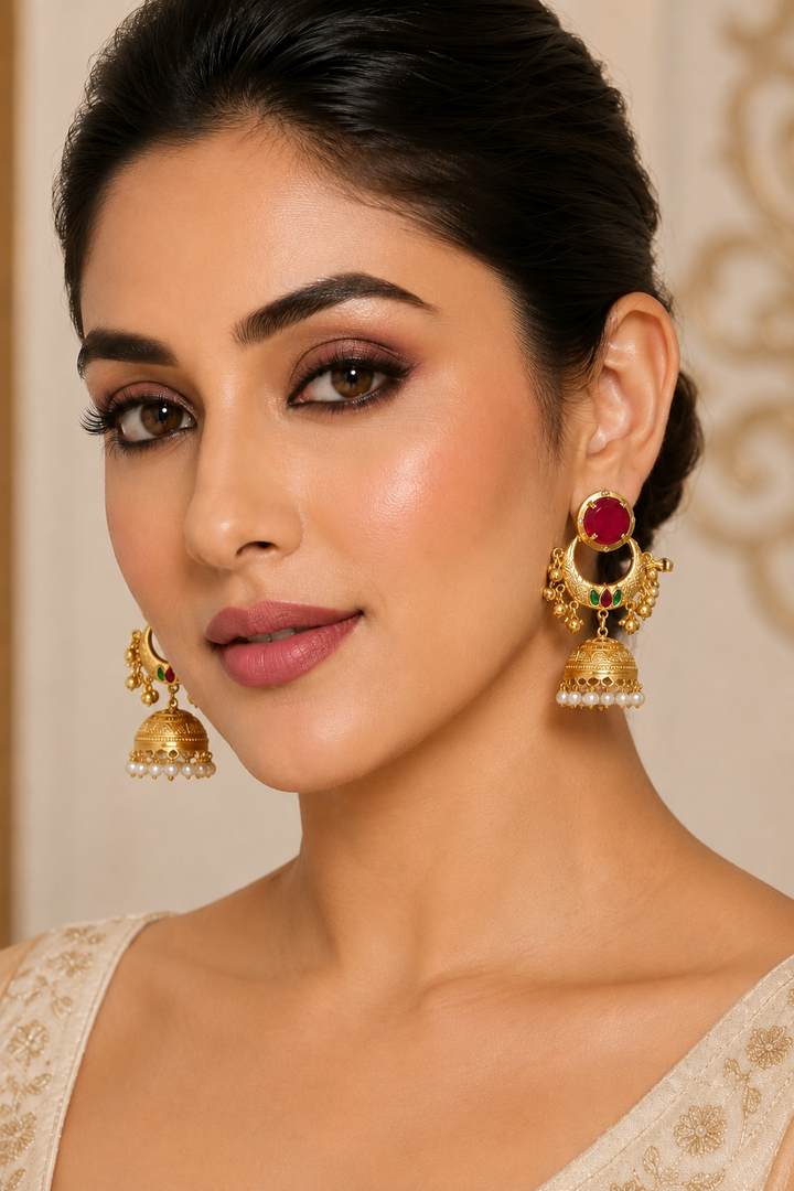Traditional Rani Pink Jhumka Chandbali Earrings With Pearl Drops