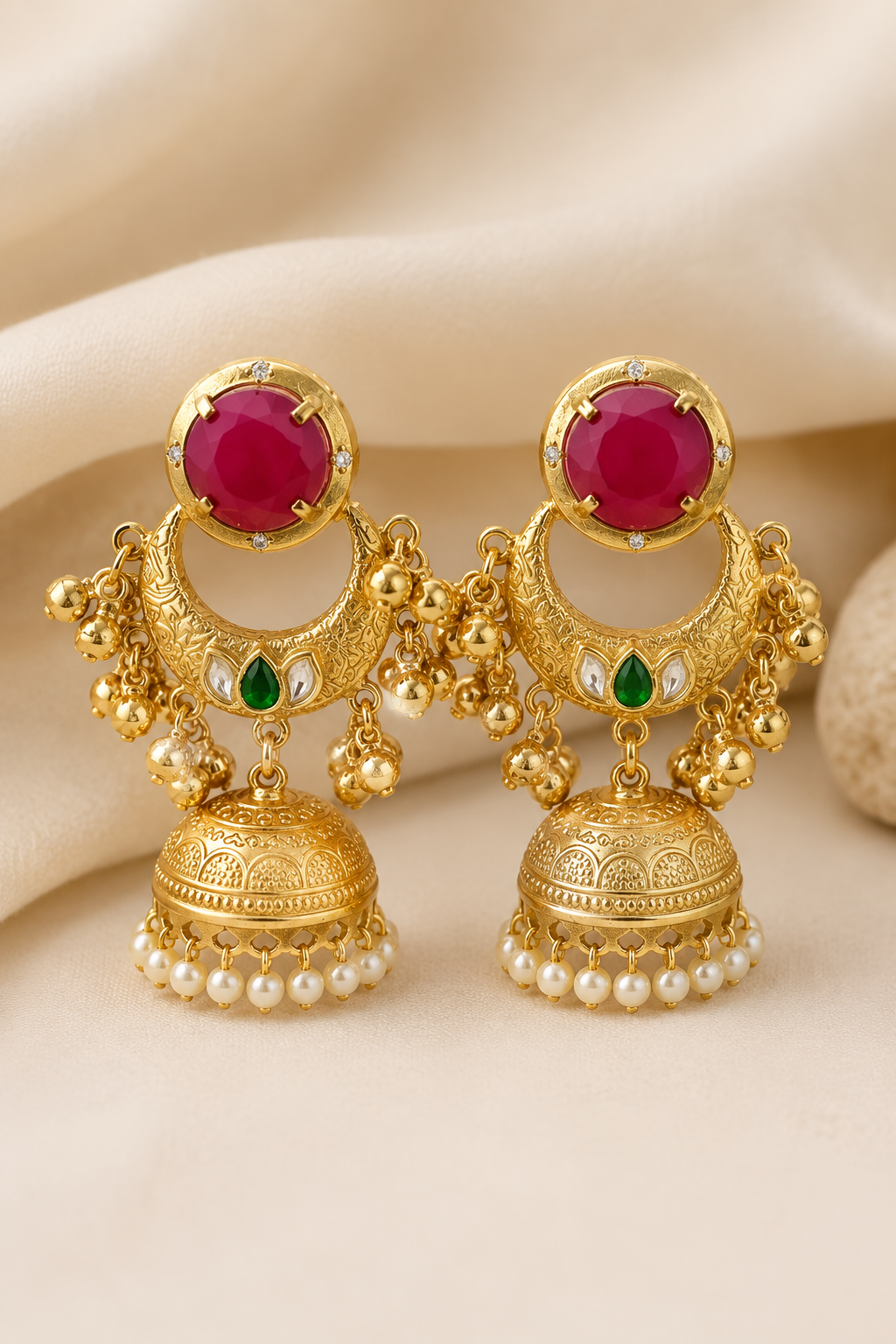 Traditional Rani Pink Jhumka Chandbali Earrings With Pearl Drops