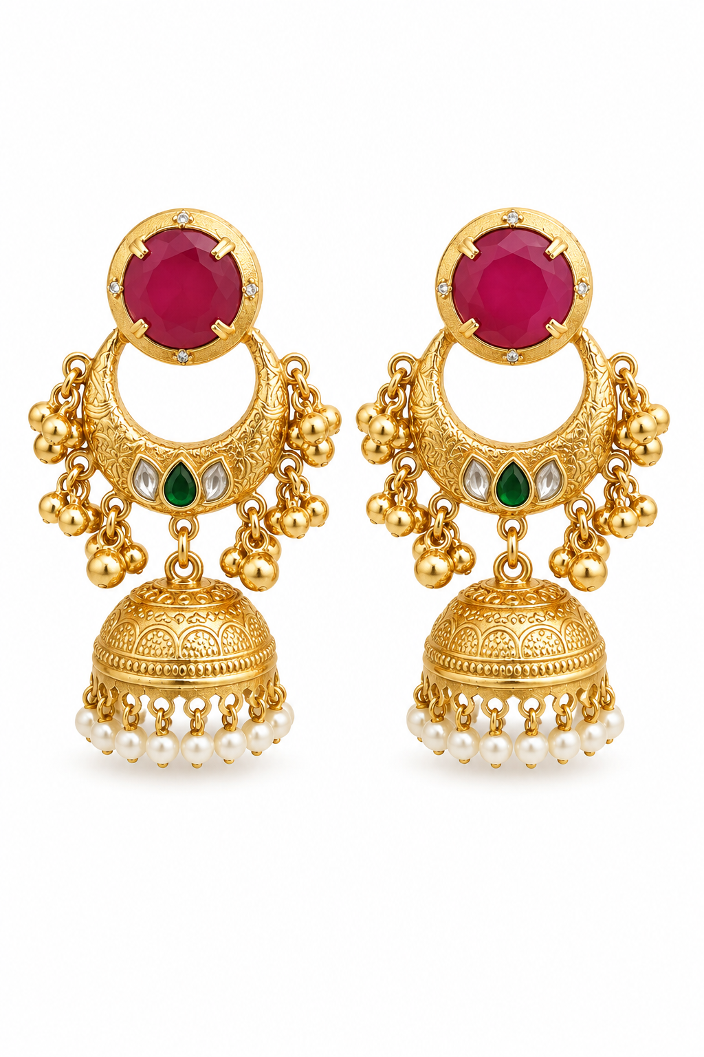Traditional Rani Pink Jhumka Chandbali Earrings With Pearl Drops