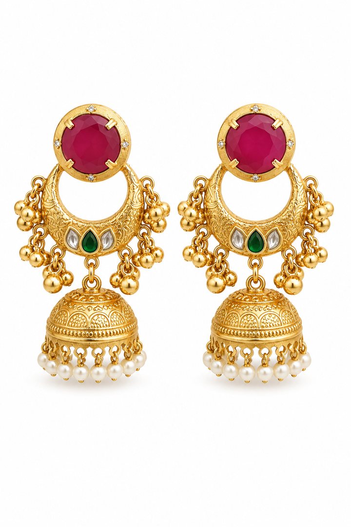 Traditional Rani Pink Jhumka Chandbali Earrings With Pearl Drops