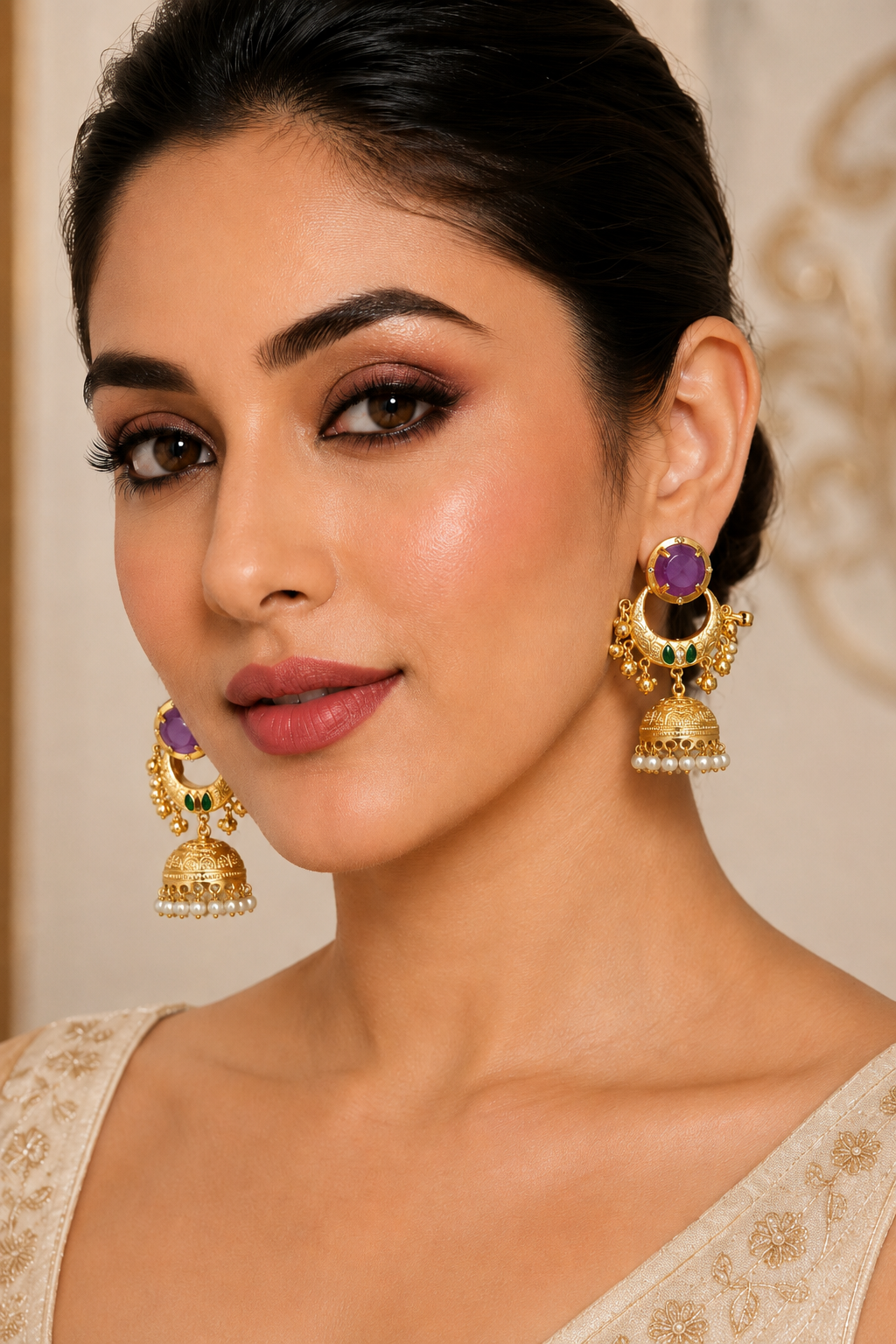 Traditional Purple Chandbali Jhumka Earrings Decorated With Pearl Drops