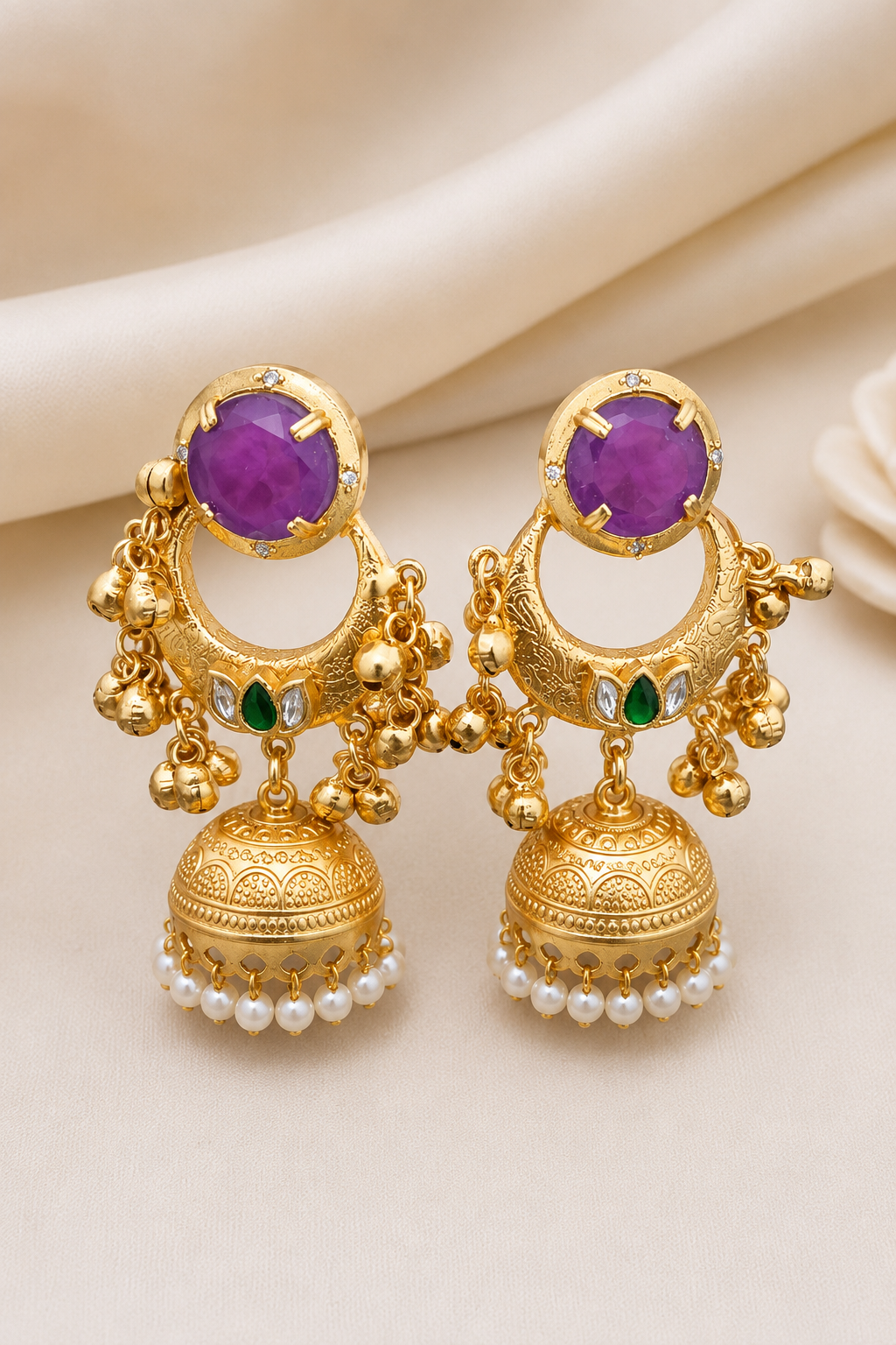 Traditional Purple Chandbali Jhumka Earrings Decorated With Pearl Drops