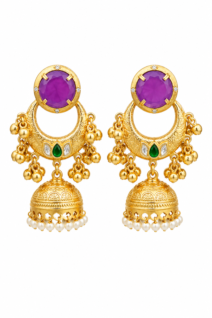 Traditional Purple Chandbali Jhumka Earrings Decorated With Pearl Drops