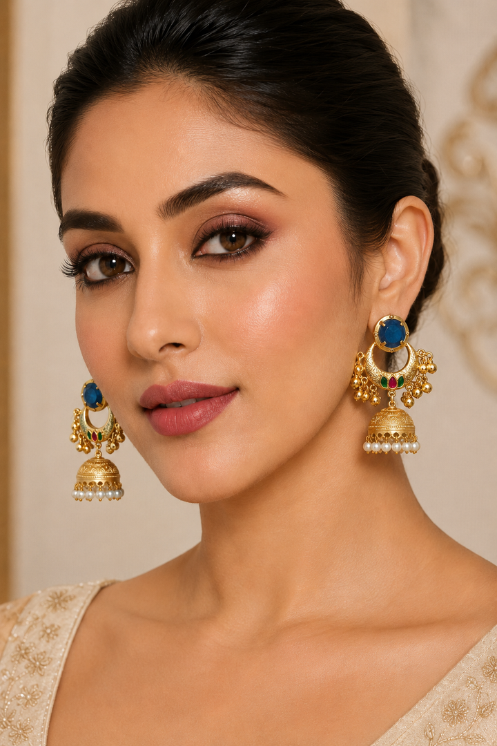 Traditional Royal Blue Chandbali Jhumka Earrings Fringed With Pearl Drops