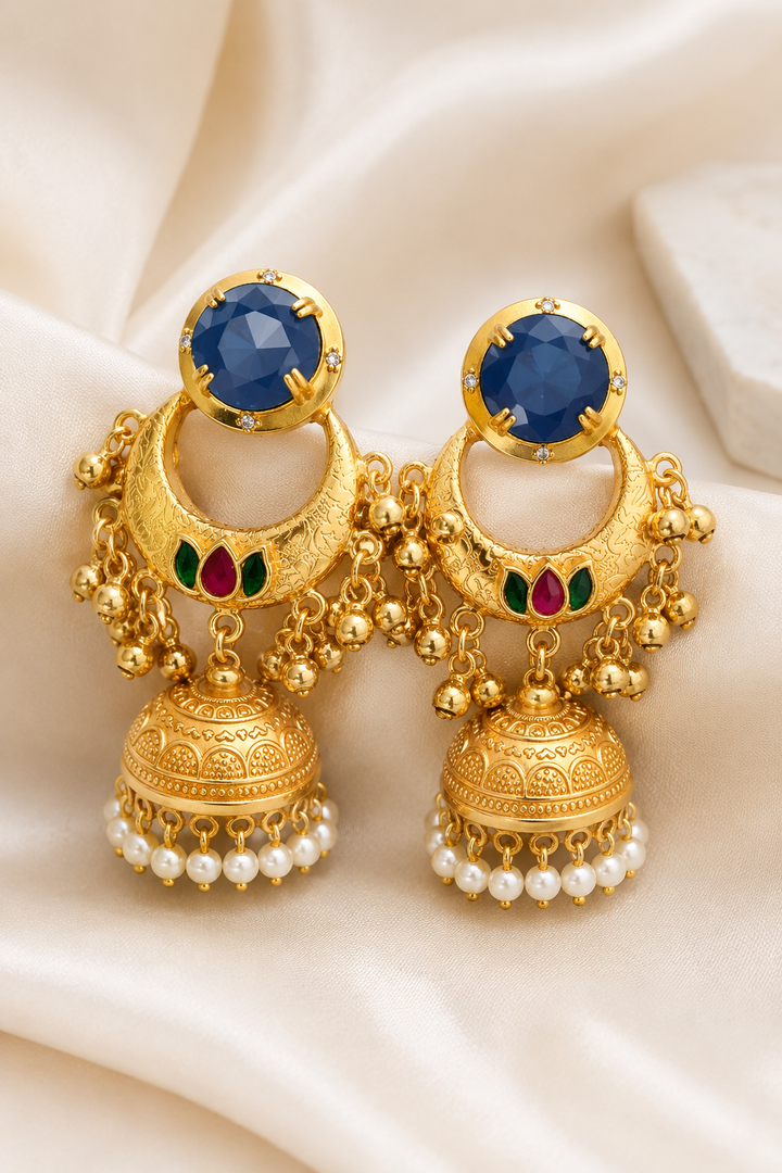 Traditional Royal Blue Chandbali Jhumka Earrings Fringed With Pearl Drops
