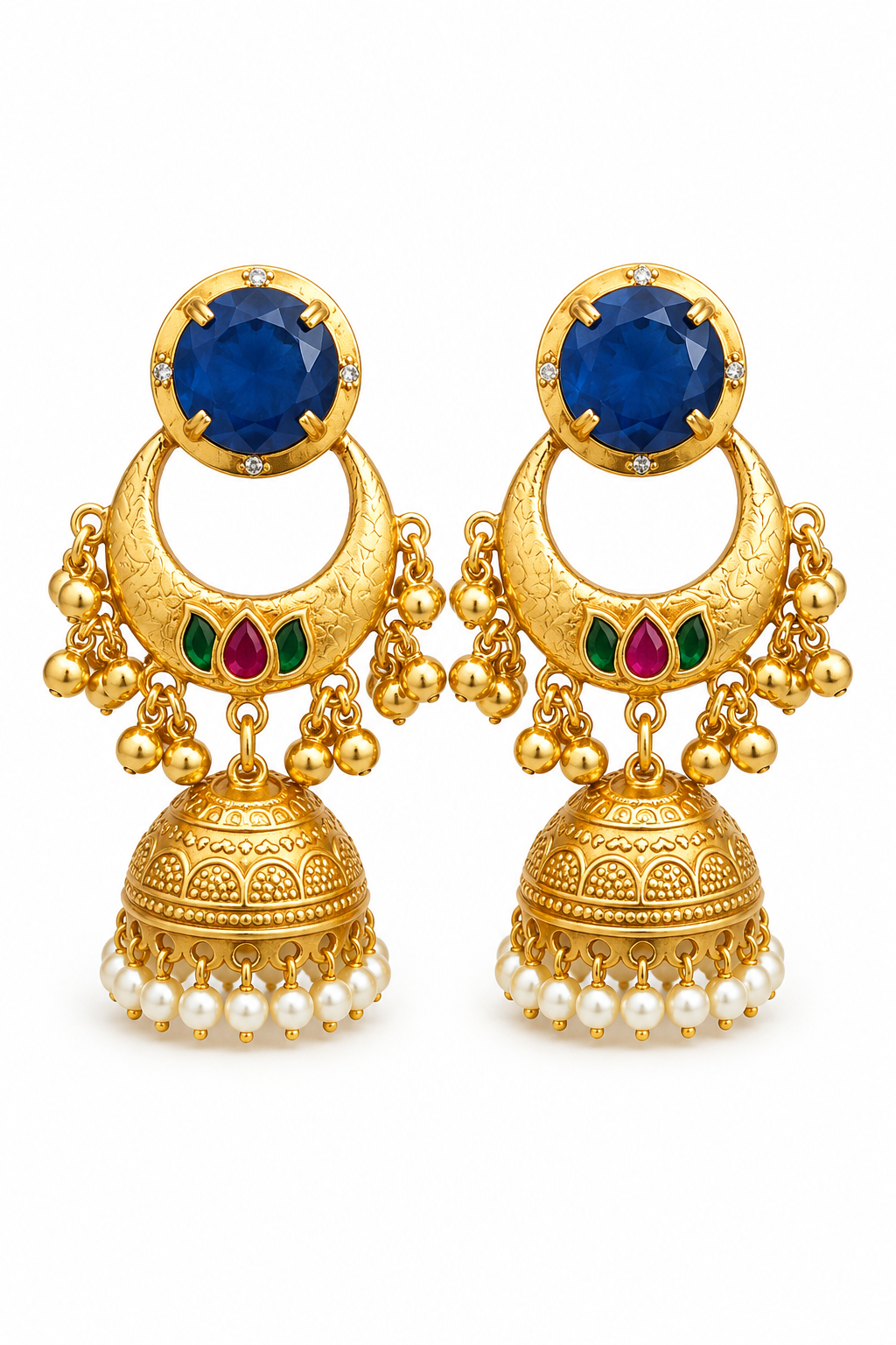 Traditional Royal Blue Chandbali Jhumka Earrings Fringed With Pearl Drops