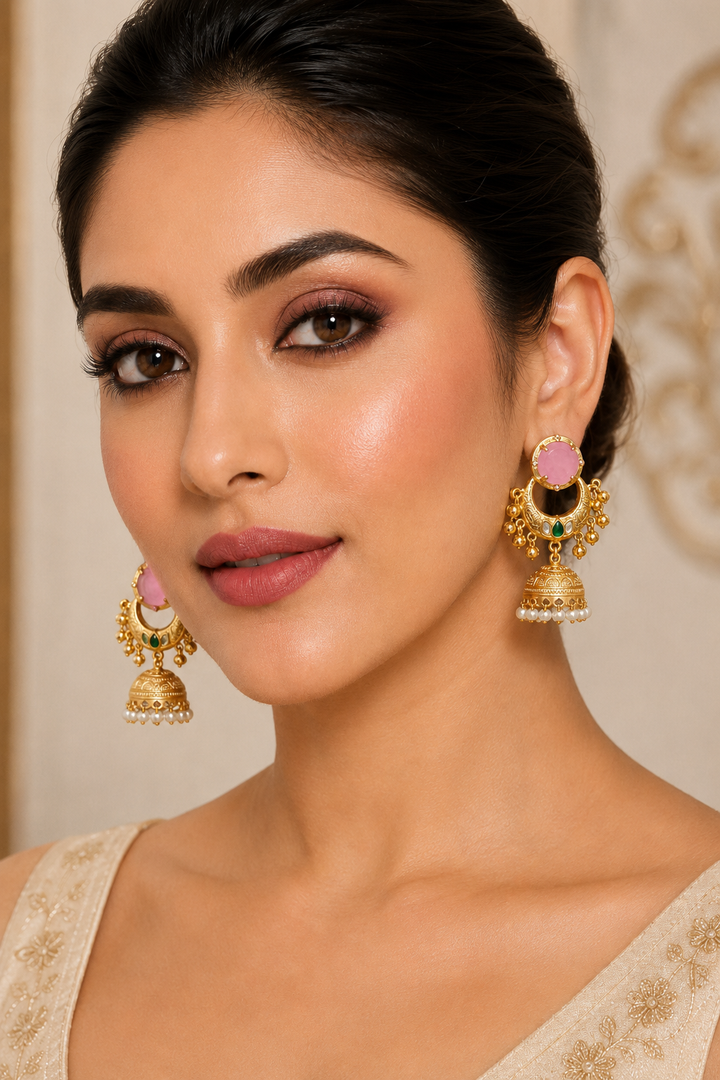 Traditional Pink Chandbali Jhumka Earrings With Elegant Pearl Hangings