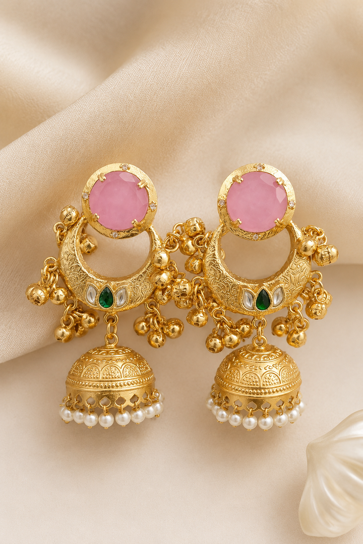 Traditional Pink Chandbali Jhumka Earrings With Elegant Pearl Hangings