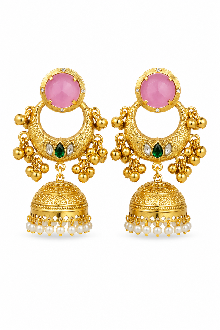Traditional Pink Chandbali Jhumka Earrings With Elegant Pearl Hangings
