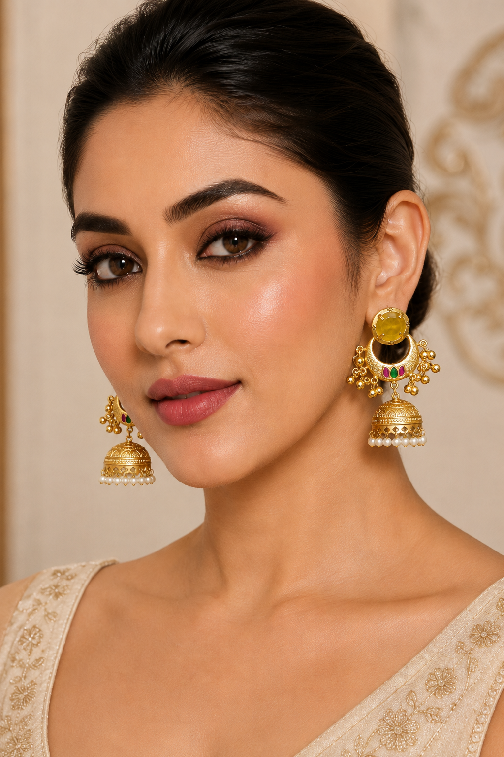 Traditional Yellow Chandbali Jhumka Earrings With Festive Hanging Pearls