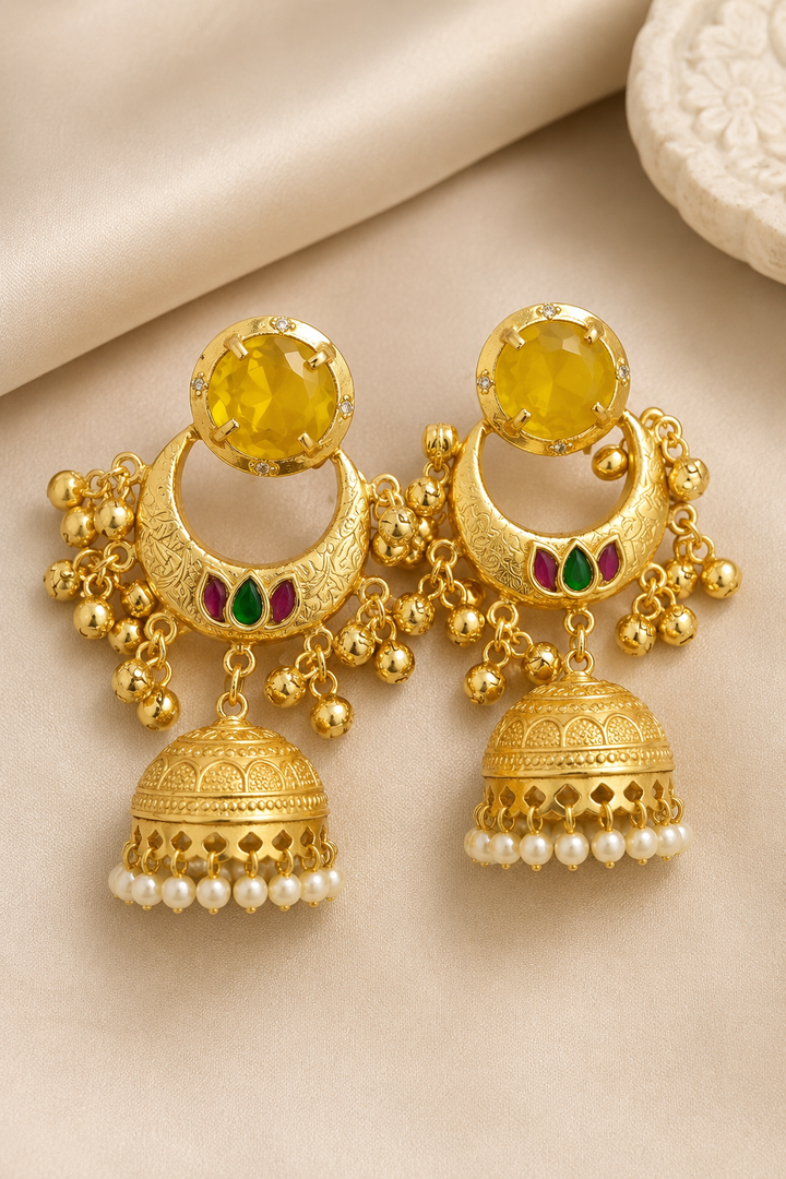 Traditional Yellow Chandbali Jhumka Earrings With Festive Hanging Pearls