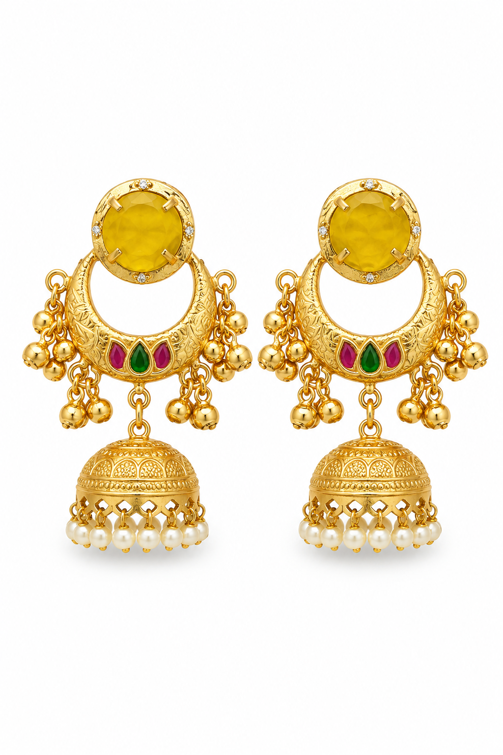 Traditional Yellow Chandbali Jhumka Earrings With Festive Hanging Pearls