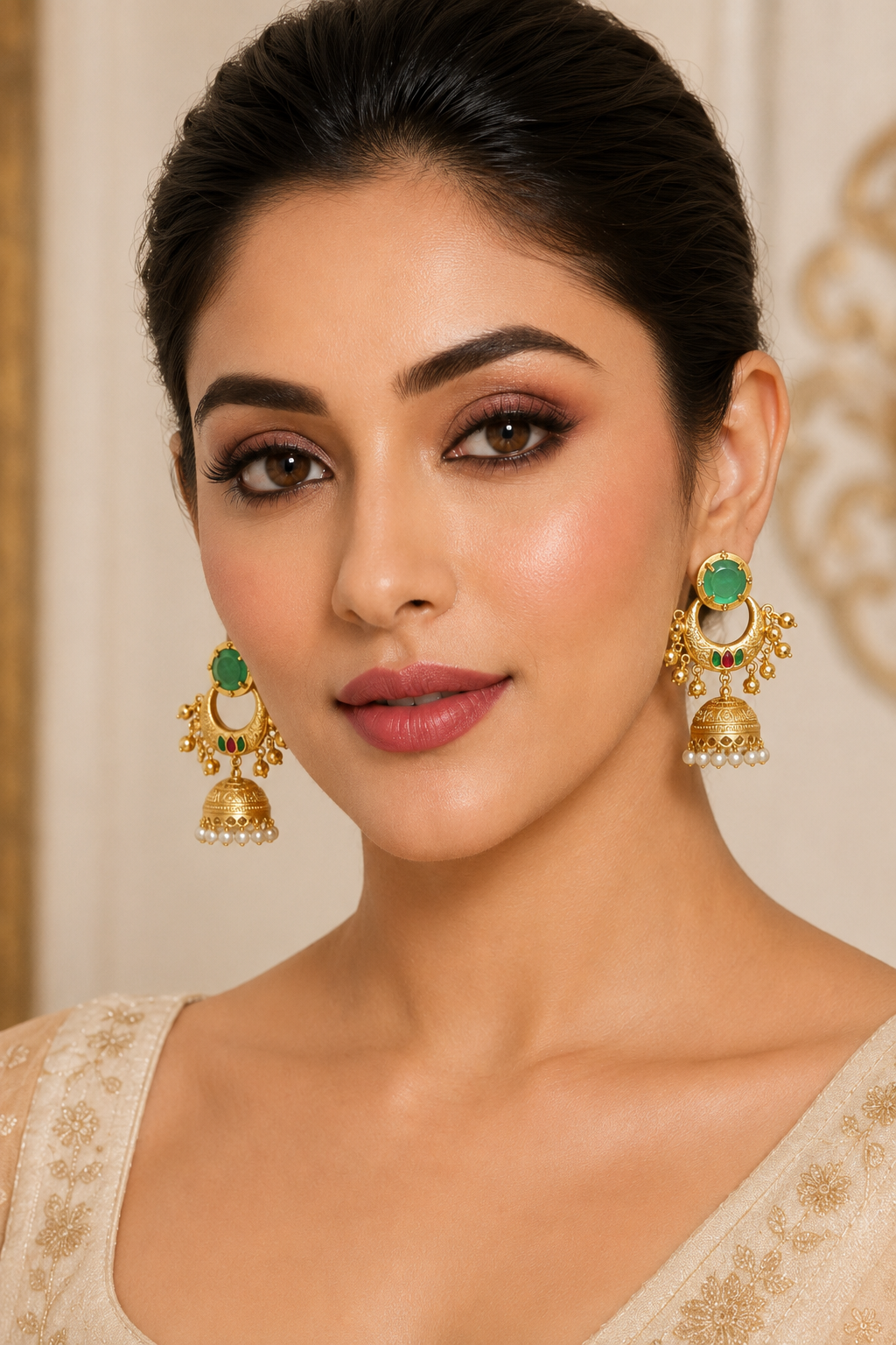 Traditional Gold Plated Green Chandbali Jhumka Earrings with Pearls