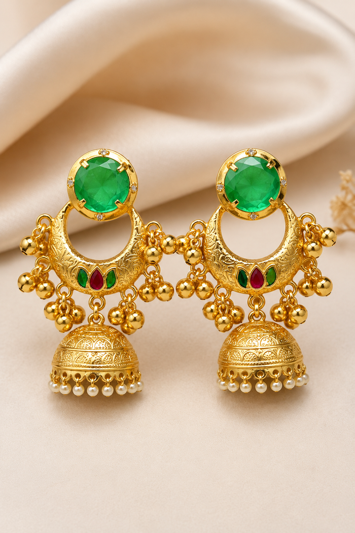 Traditional Gold Plated Green Chandbali Jhumka Earrings with Pearls