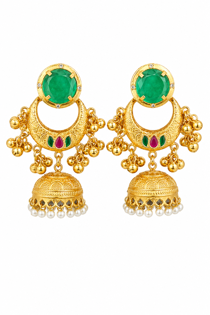 Traditional Gold Plated Green Chandbali Jhumka Earrings with Pearls