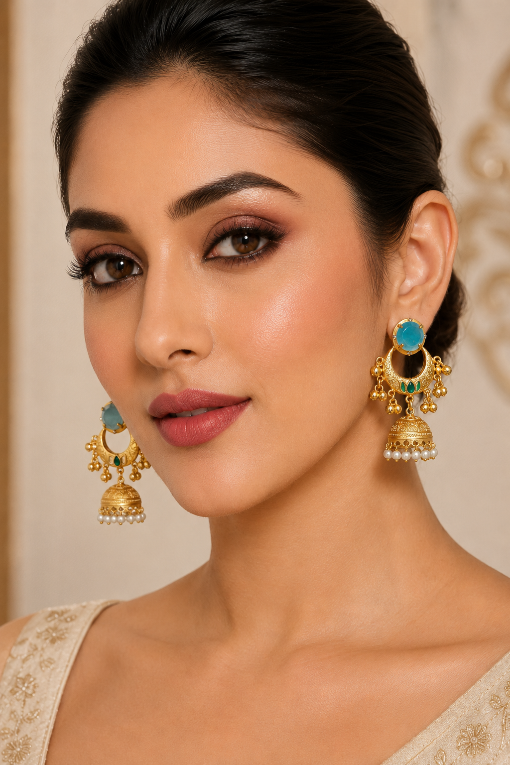 Traditional Turquoise Gold Plated Chandbali Jhumka Earrings With Pearls