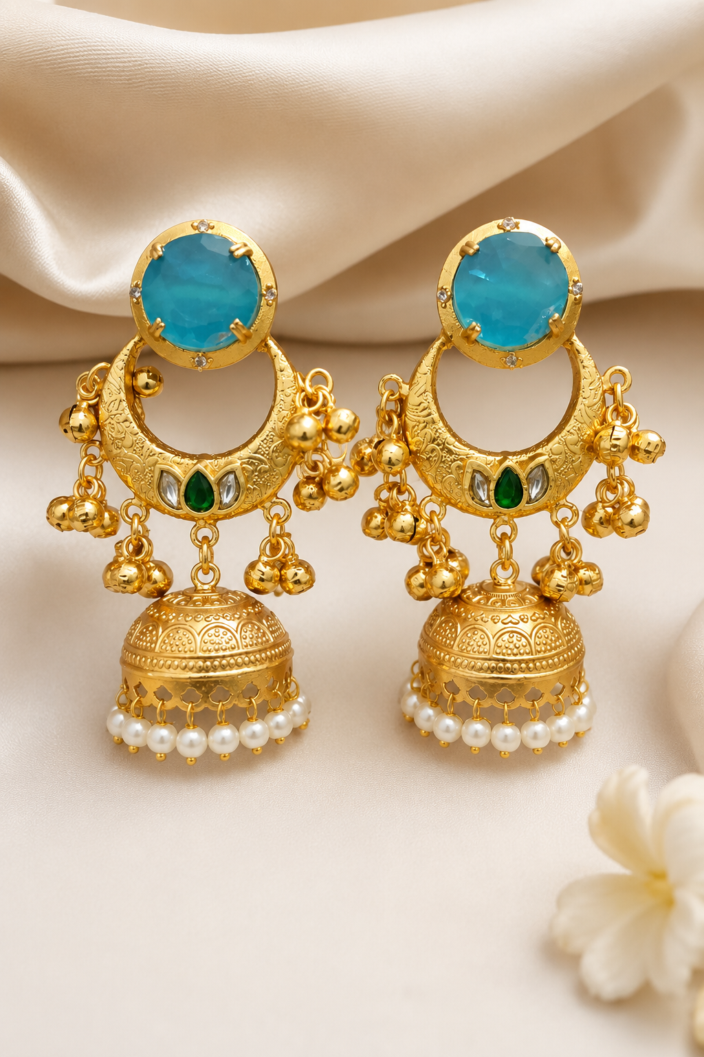 Traditional Turquoise Gold Plated Chandbali Jhumka Earrings With Pearls