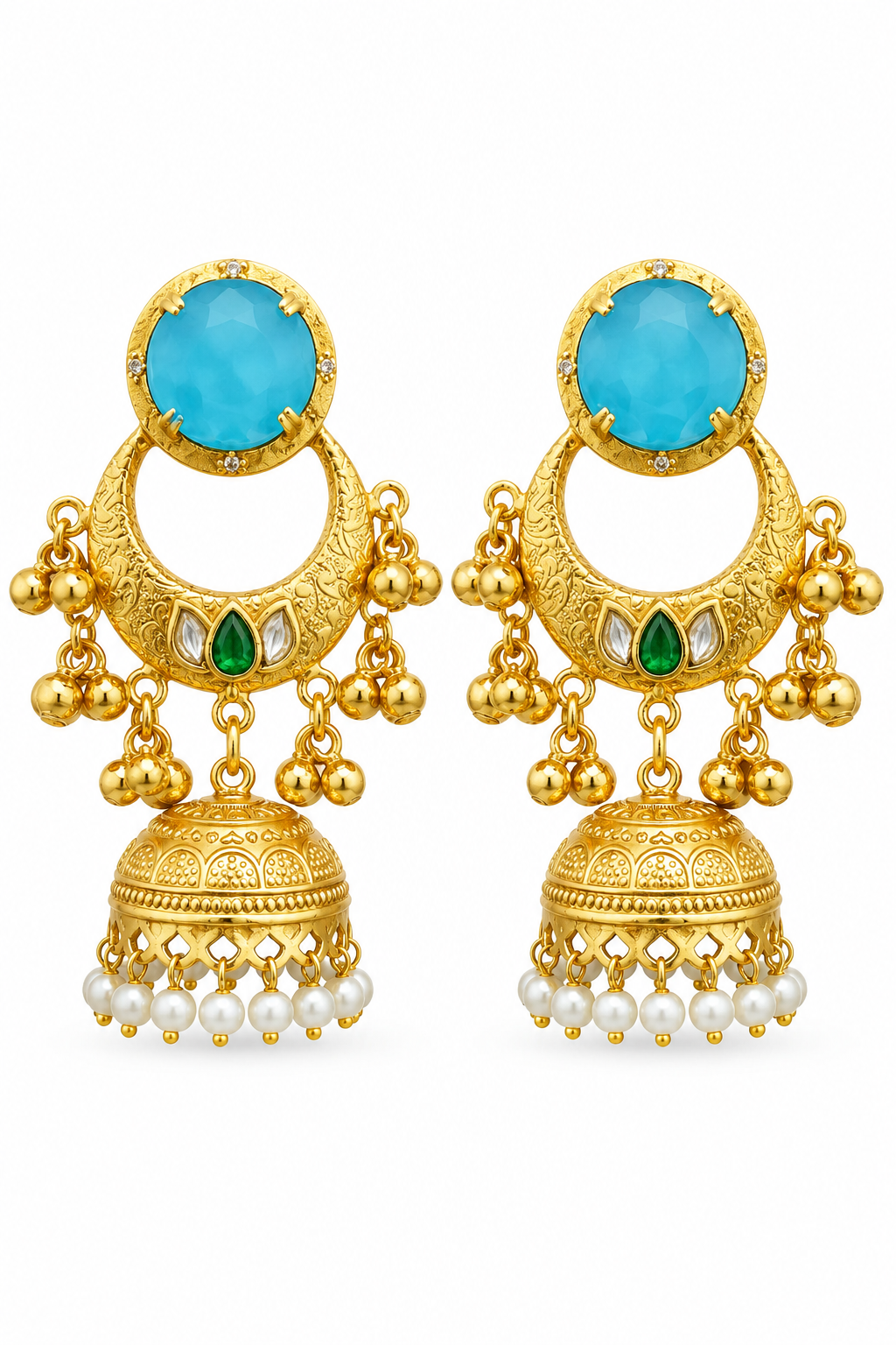 Traditional Turquoise Gold Plated Chandbali Jhumka Earrings With Pearls