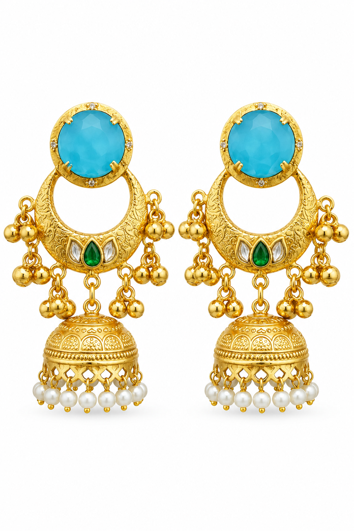 Traditional Turquoise Gold Plated Chandbali Jhumka Earrings With Pearls
