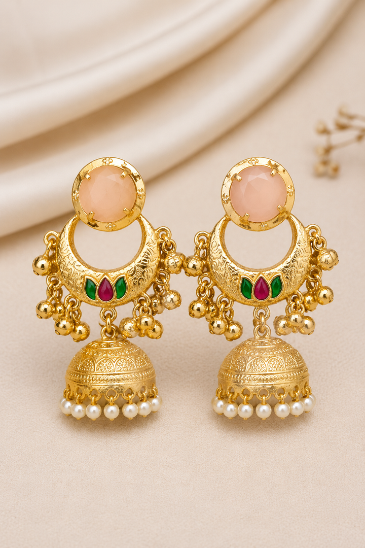 Elegant Peach Chandbali Jhumka Earrings with Pearls and Ghungroo Drops