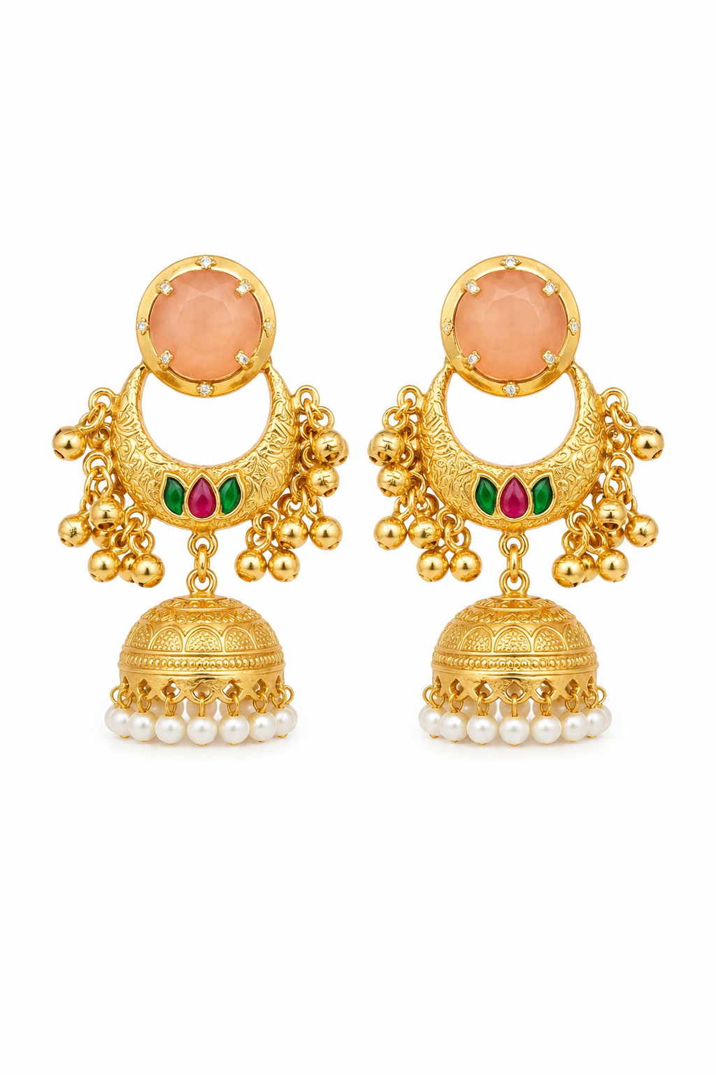 Elegant Peach Chandbali Jhumka Earrings with Pearls and Ghungroo Drops