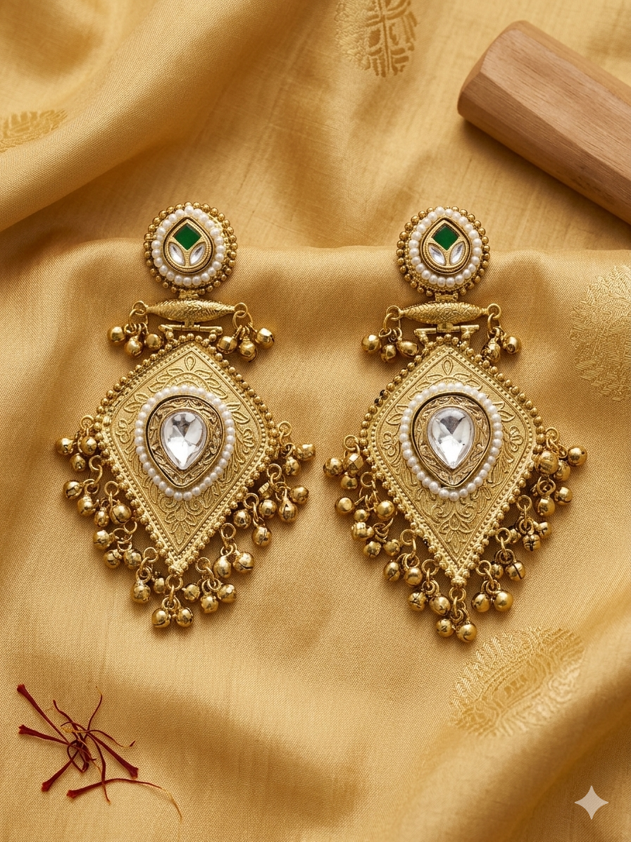 Regal Kundan Pearl Drop Earrings with Intricate Gold-Tone Engraving and Ghungroo Tassel Detailing for Festive Traditional Elegance